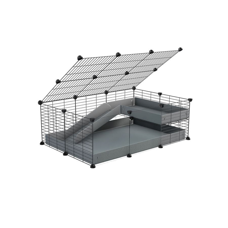 une kavee cage 3x2 pour cochons d'inde avec panneaux transparents en plexiglass avec une rampe un loft un toit un coroplast gris et grilles ok pour bebes