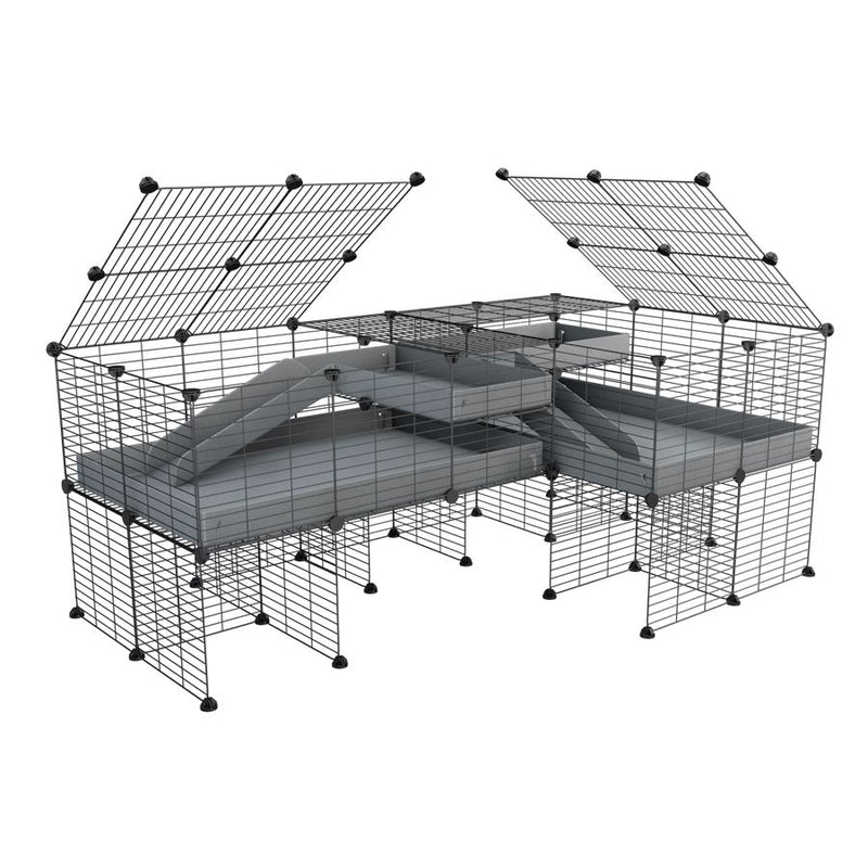 une cavy cage 6x2 en L avec stand et loft avec couvercle et separation pour cochons d'inde qui se battent ou en quarantaine avec coroplast gris kavee