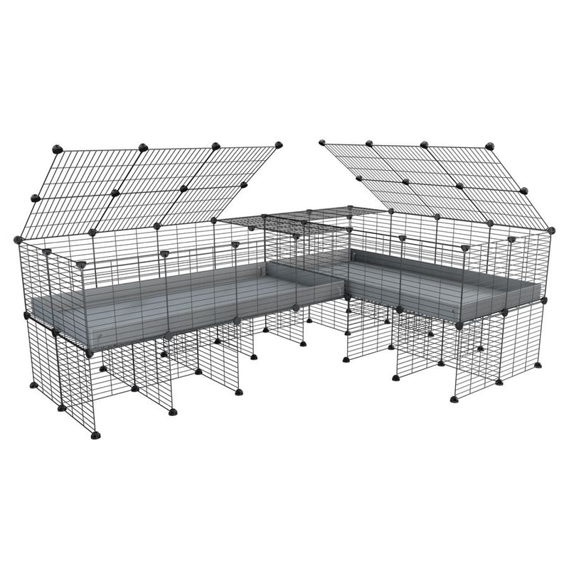 une cavy cage 8x2 en L avec stand avec couvercle et separation pour cochons d'inde qui se battent ou en quarantaine avec coroplast gris kavee