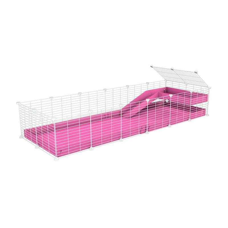 une kavee cage 6x2 pour cochons d'inde avec une rampe un loft un coroplast rose et grilles blanches fines sans danger