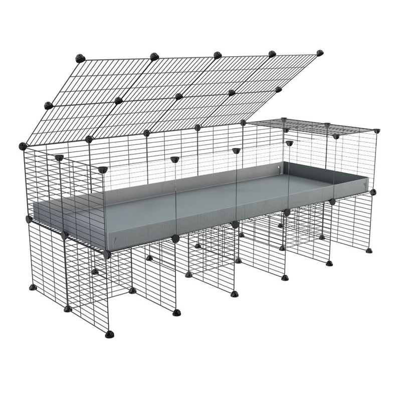 une cavy cage 5x2 avec panneaux transparents en plexiglass pour cochons d'inde avec rehausseur couvercle correx gris et grilles fines de kavee france