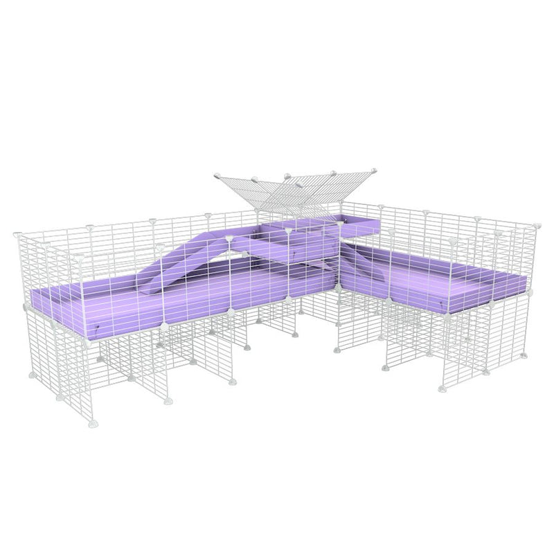 une cavy cage blanche 8x2 de coin avec stand et loft avec separation pour cochons d'inde qui se battent ou en quarantaine avec coroplast lilas violet kavee