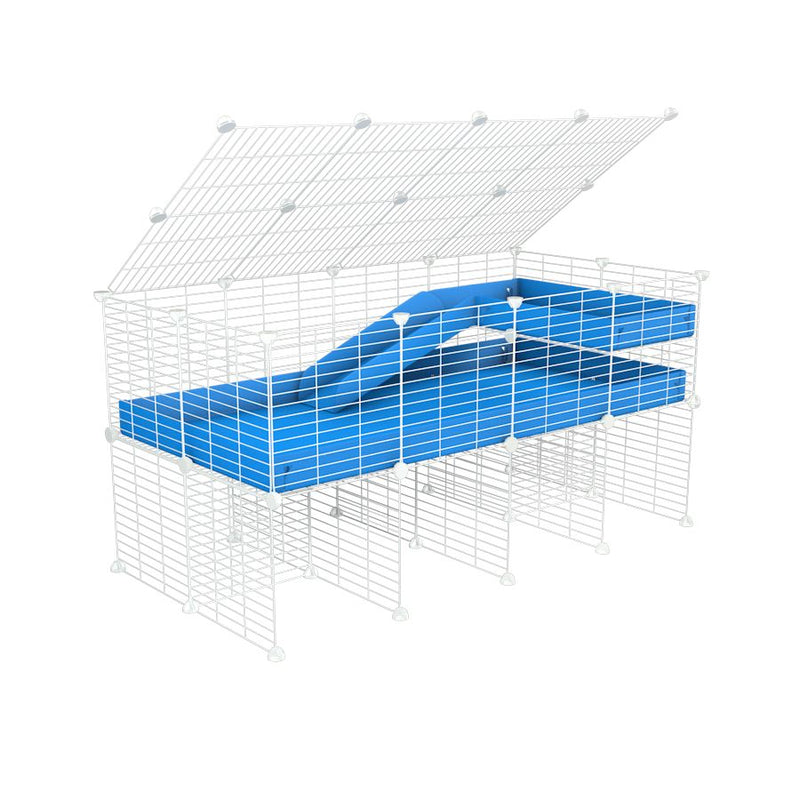 une kavee cage 4x2 pour cochons d'inde avec rehausseur couvercle loft rampe coroplast bleu et grilles blanches fines