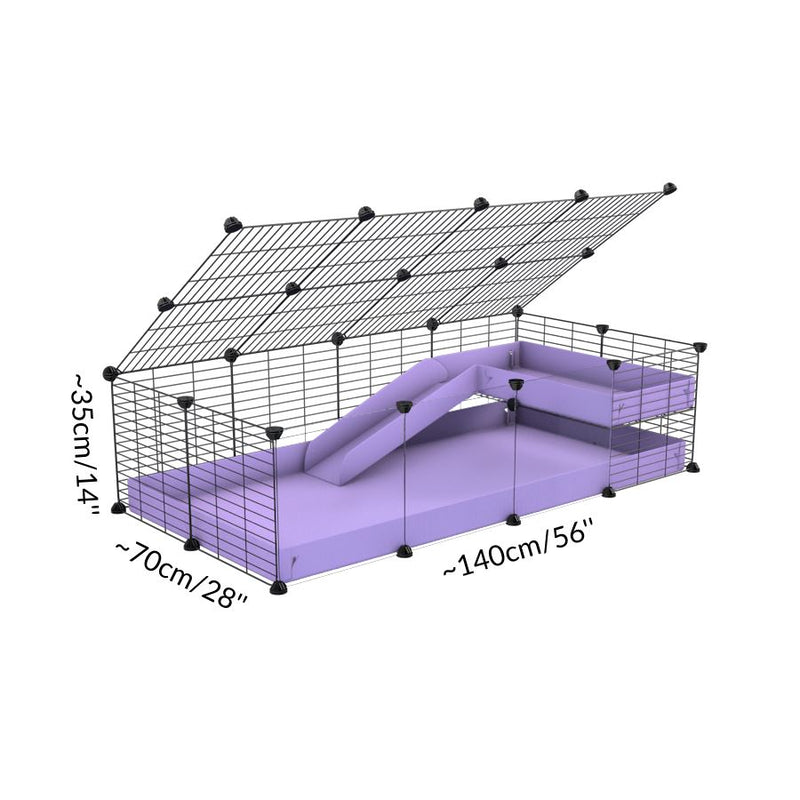 Taille d'une cavy C&C cage 4x2  avec panneaux transparents en plexiglass pour cochons d'inde avec une rampe un loft un couvercle un coroplast violet mauve pastel lilas et grilles fines pour bebes