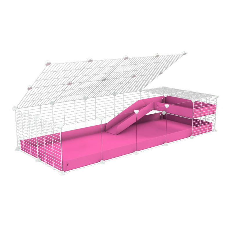 une cavy cage 5x2 avec panneaux transparents en plexiglass  pour cochons d'inde avec une rampe un loft un couvercle un coroplast rose et grilles blanches ok pour bebes