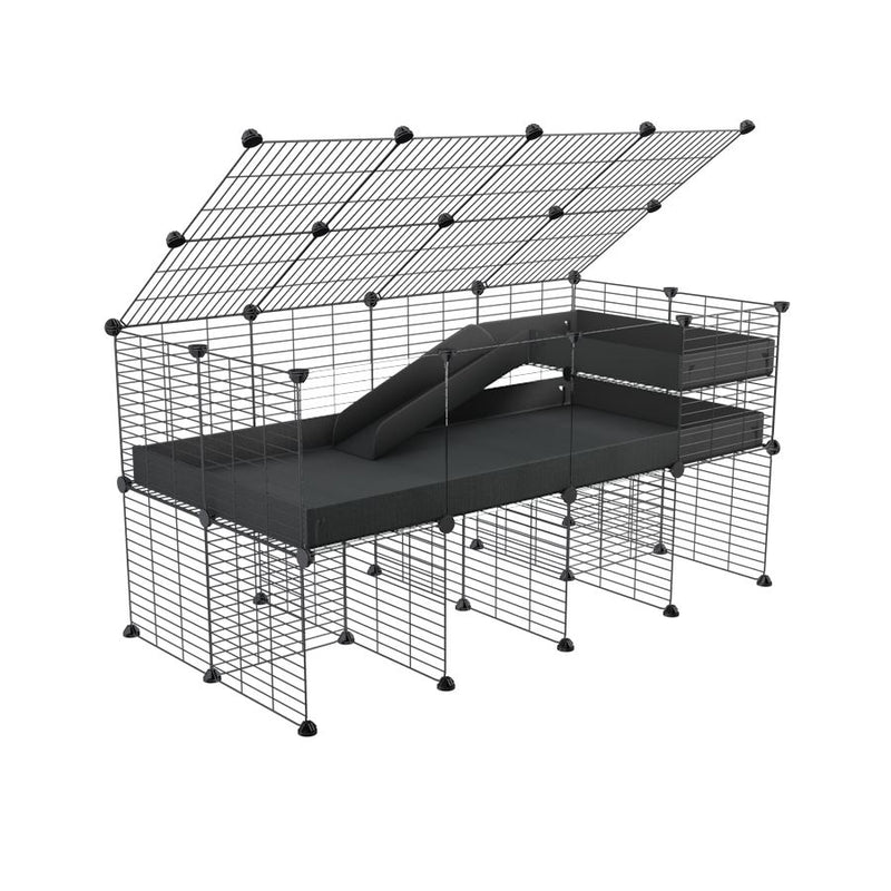 une cavy cage 4x2  avec panneaux transparents en plexiglass pour cochons d'inde avec rehausseur couvercle loft rampe coroplast noir et grilles de kavee