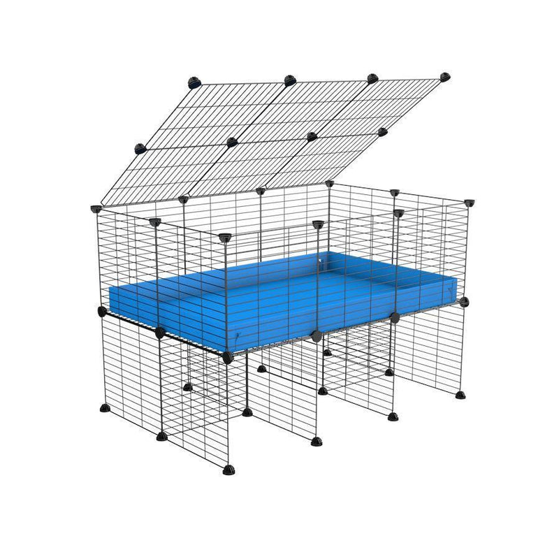 une cavy cage 3x2 pour cochons d'inde avec rehausseur couvercle correx bleu et grilles fines de kavee france
