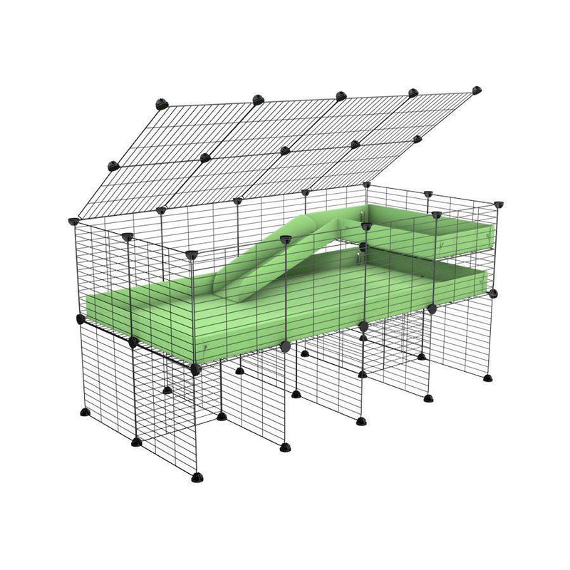 une cavy cage 4x2 pour cochons d'inde avec rehausseur couvercle loft rampe coroplast vert pistache et grilles de kavee