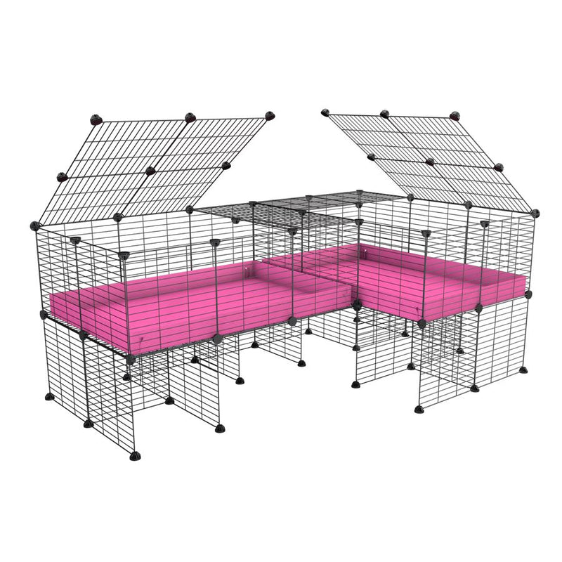 une cavy cage 6x2 en L avec stand avec couvercle et separation pour cochons d'inde qui se battent ou en quarantaine avec coroplast rose kavee