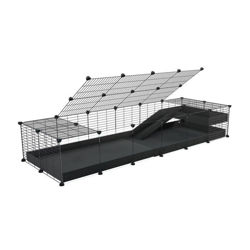 une cavy cage 6x2  avec panneaux transparents en plexiglass pour cochons d'inde avec une rampe un loft un toit un coroplast noir et grilles fines de kavee france