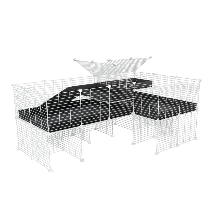 une cavy cage blanche 6x2 en L avec stand et loft avec separation pour cochons d'inde qui se battent ou en quarantaine avec coroplast noir kavee