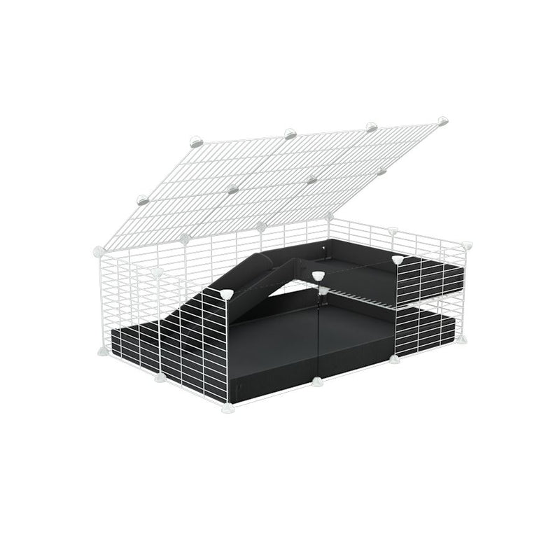 une cavy C&C cage 3x2 pour cochons d'inde avec panneaux transparents en plexiglass avec une rampe un loft un couvercle un coroplast noir et grilles blanches fines
