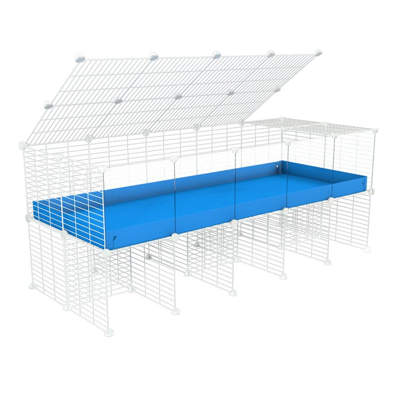 une cavy cage 5x2 avec panneaux transparents en plexiglass  pour cochons d'inde avec rehausseur couvercle correx bleu et grilles blanches fines de kavee france