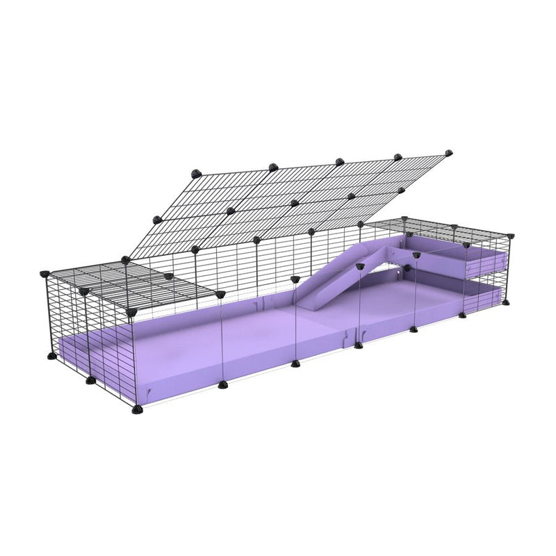 une C&C kavee cage 6x2  avec panneaux transparents en plexiglass pour cochons d'inde avec une rampe un loft un toit un coroplast violet lilas et grilles ok pour bebes