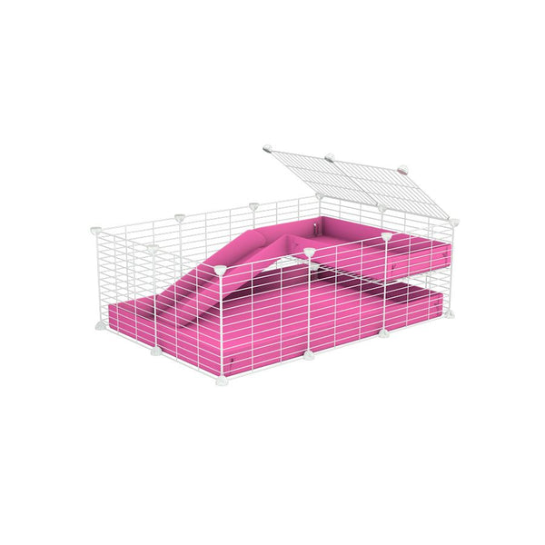 une cavy cage 3x2 pour cochons d'inde avec une rampe un loft un coroplast rose et grilles blanches fines de kavee france