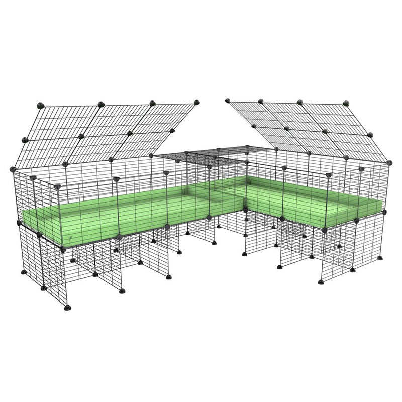 une cavy cage 8x2 en L avec stand avec couvercle et separation pour cochons d'inde qui se battent ou en quarantaine avec coroplast vert kavee