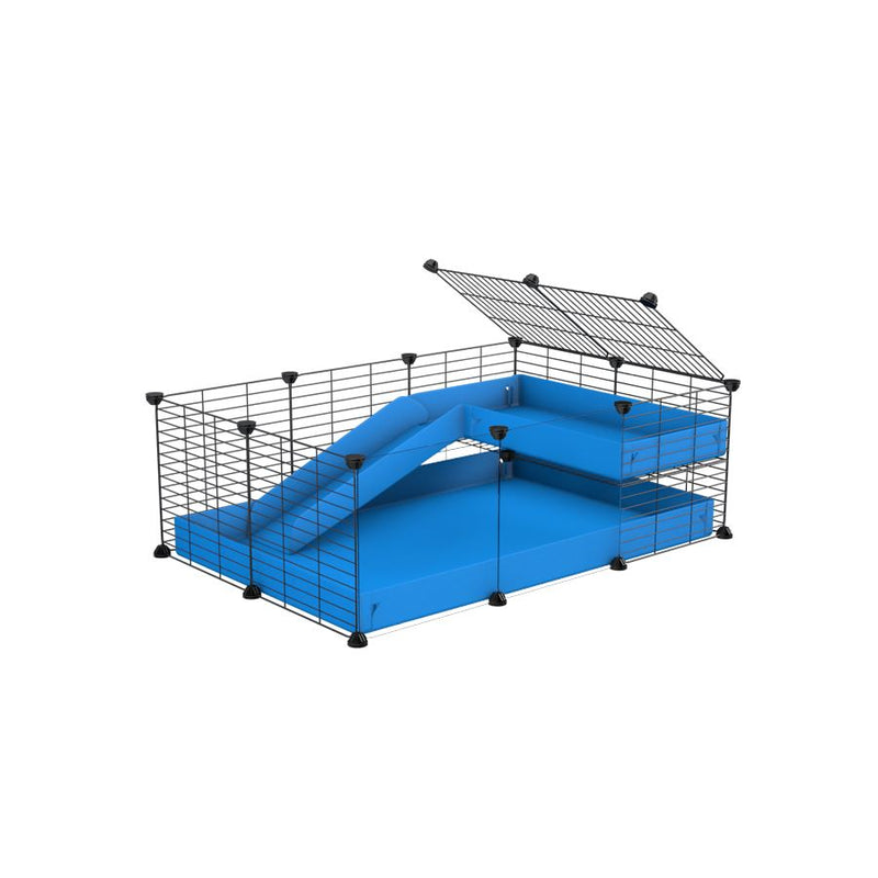 une cavy cage 3x2 avec panneaux transparents en plexiglass pour cochons d'inde avec une rampe un loft un coroplast bleu et grilles  fines de kavee france