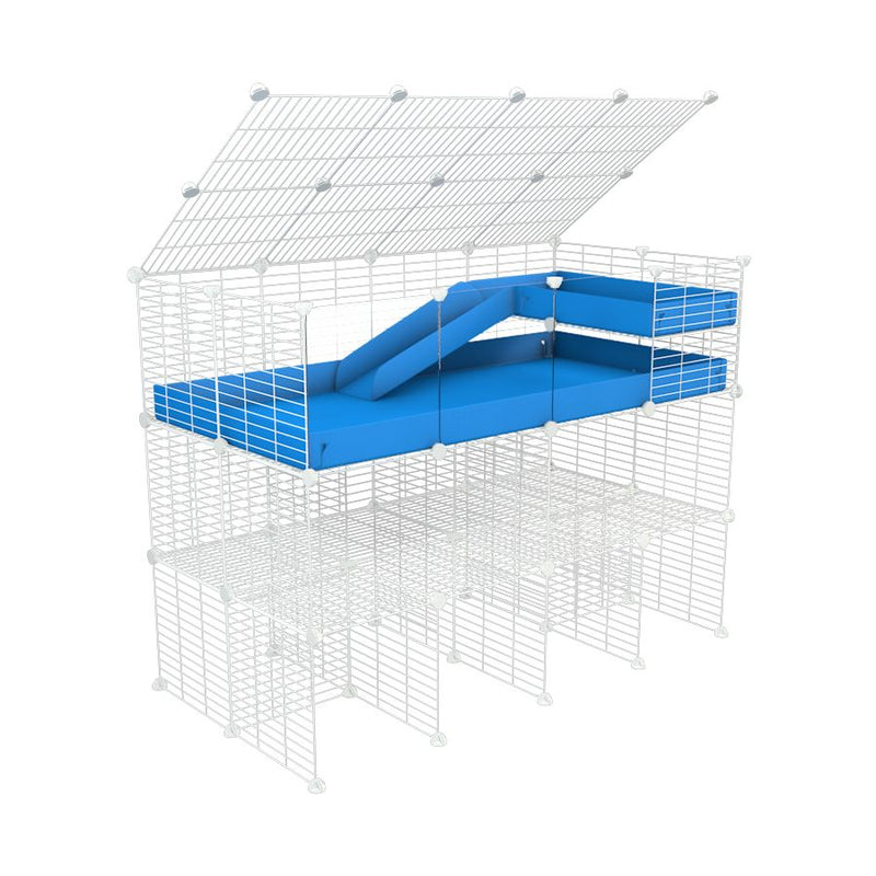 une kavee cage 4x2 pour cochons d'inde  avec panneaux transparents en plexiglass avec trois etages rampe couvercle coroplast bleu et grilles blanches fines