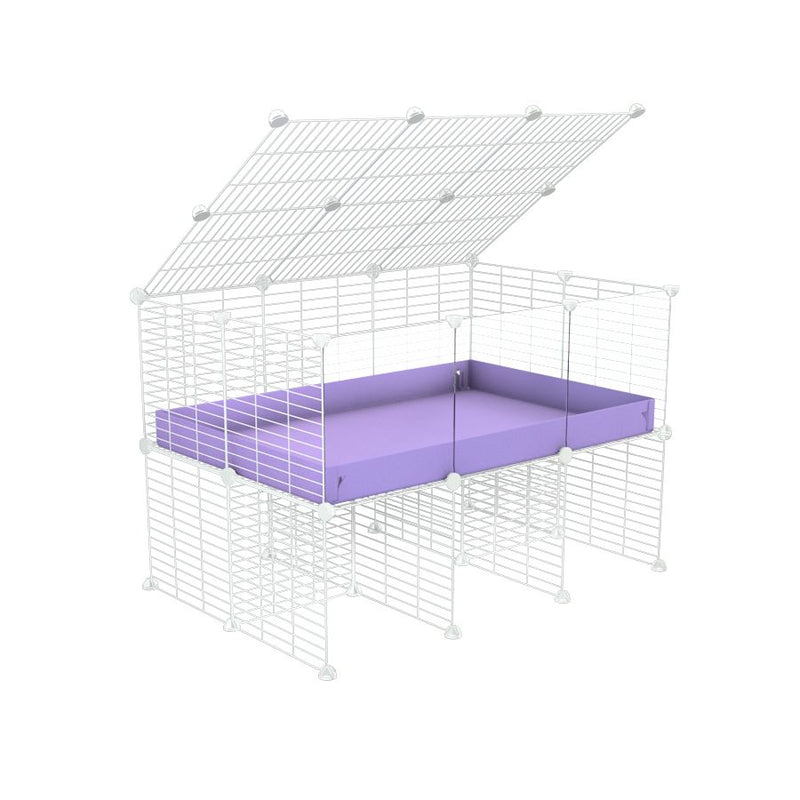 une cavy cage 3x2 avec panneaux transparents en plexiglass  pour cochons d'inde avec rehausseur couvercle correx violet lilas et grilles blanches fines de kavee france