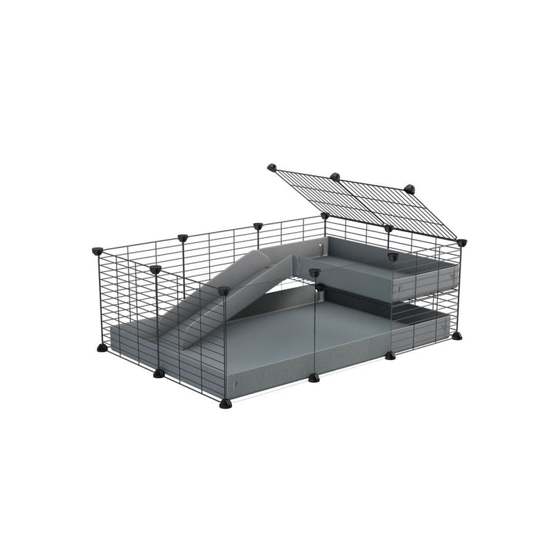 une cavy cage 3x2 avec panneaux transparents en plexiglass pour cochons d'inde avec une rampe un loft un coroplast gris et grilles fines de kavee france