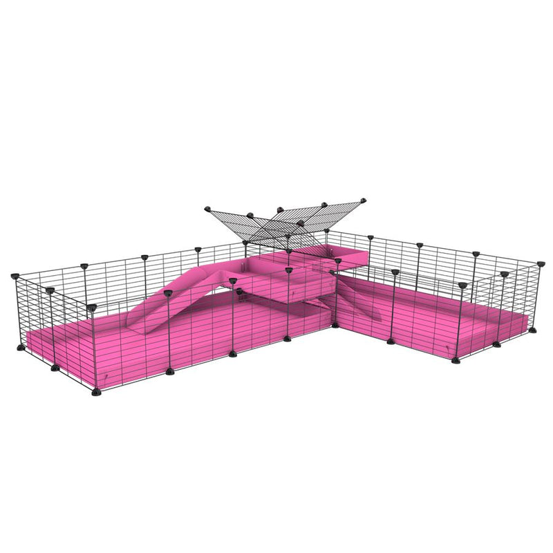 une cavy cage 8x2 de coin avec loft avec separation pour cochons d'inde qui se battent ou en quarantaine avec coroplast rose kavee
