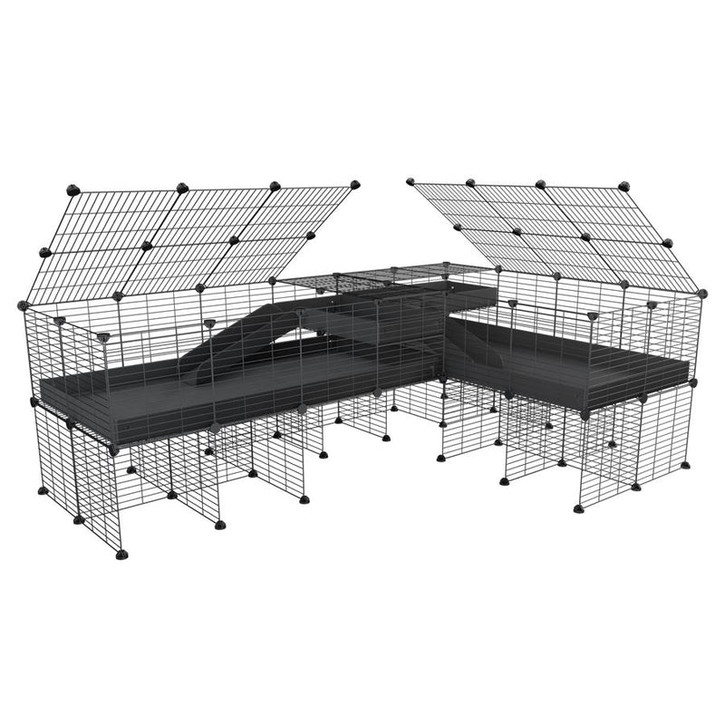 une cavy cage 8x2 de coin avec stand et loft avec couvercle et separation pour cochons d'inde qui se battent ou en quarantaine avec coroplast noir kavee
