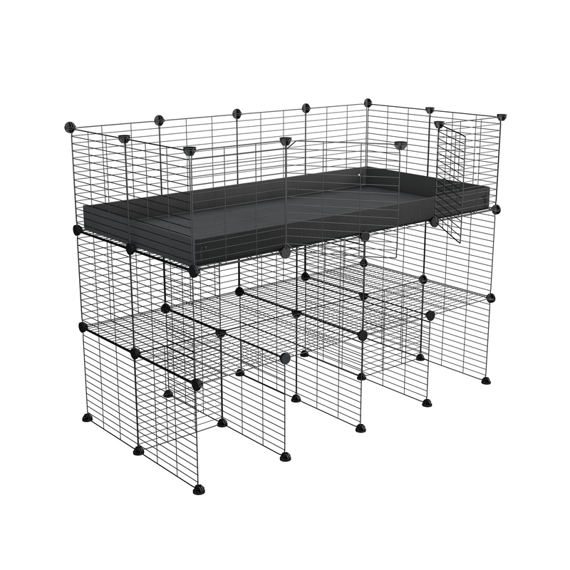 une kavee cage C&C 4x2 pour cobayes cochons d'inde avec double rehausseur correx noir et grilles maillage fin