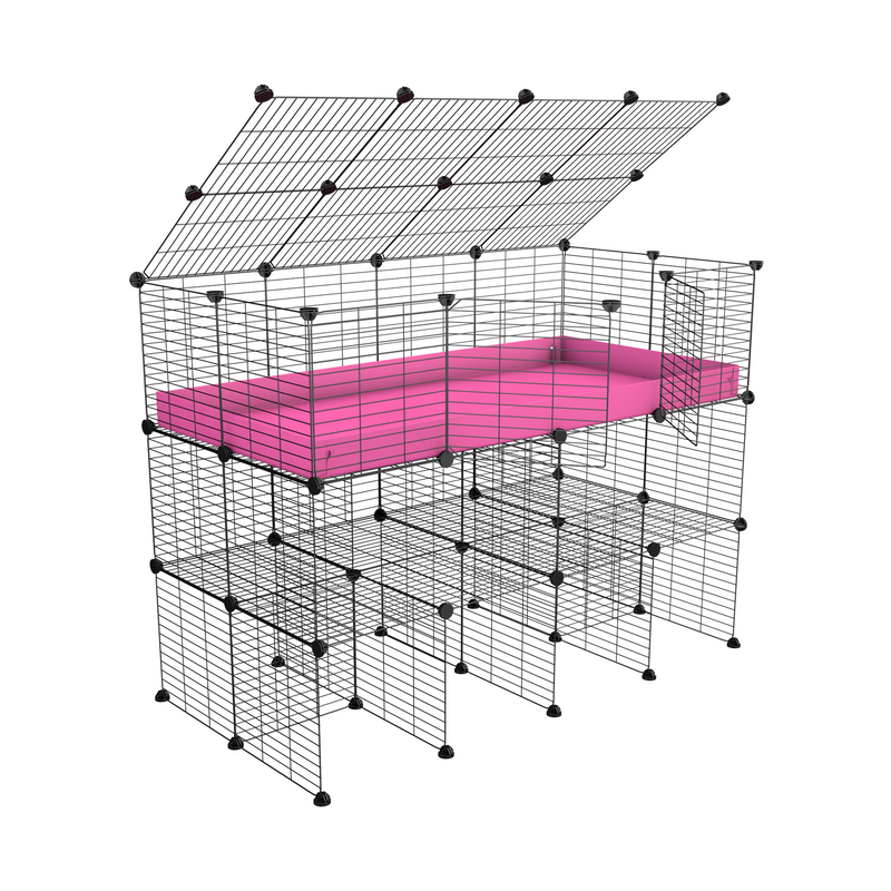 une cavy cage 4x2 pour cochons d'inde avec double rehausseur couvercle correx rose et grilles a petits trous de kavee france