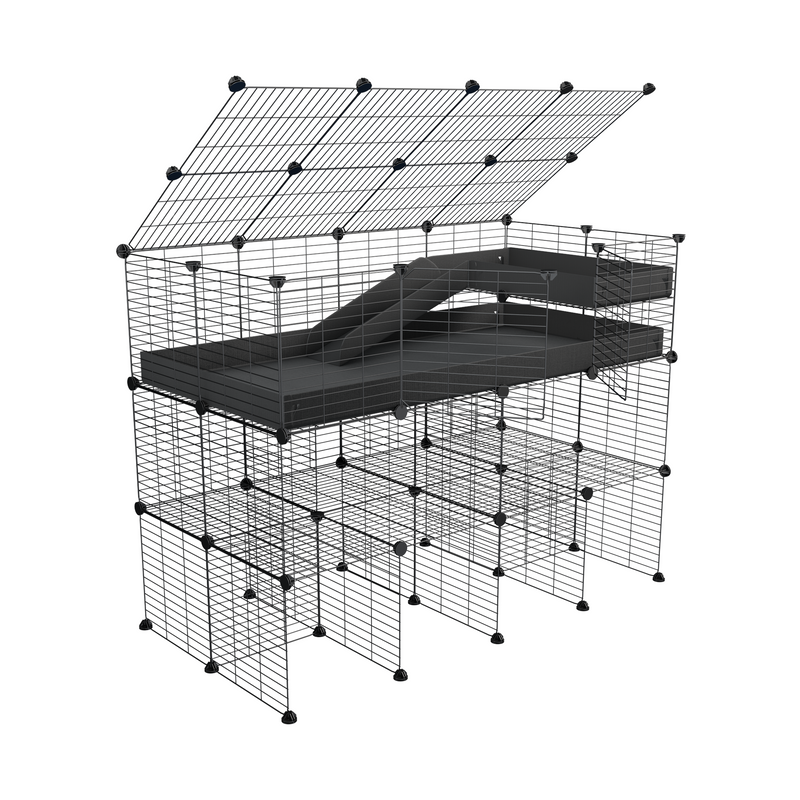 une cavy cage 4x2 pour cochons d'inde avec double rehausseur couvercle loft rampe coroplast noir et grilles fines de kavee