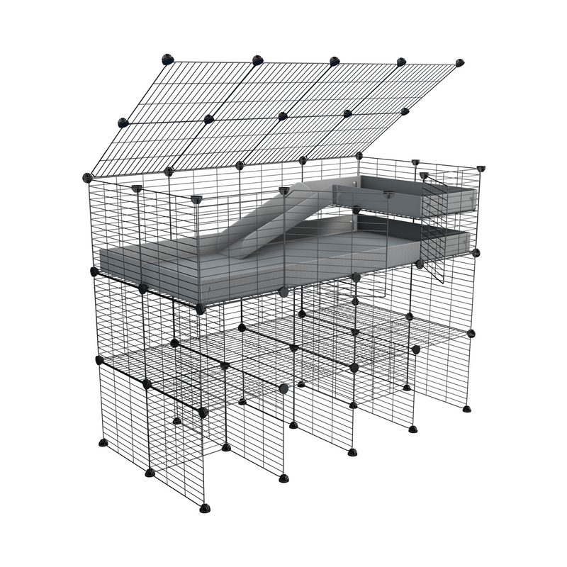 une cavy cage 4x2 pour cochons d'inde avec double rehausseur couvercle loft rampe coroplast bleu et grilles fines de kavee