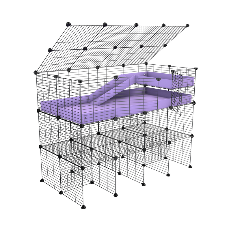 une kavee cage 2x4 pour cochons d'inde avec double rehausseur couvercle loft rampe coroplast violet mauve pastel et grilles pour bebe