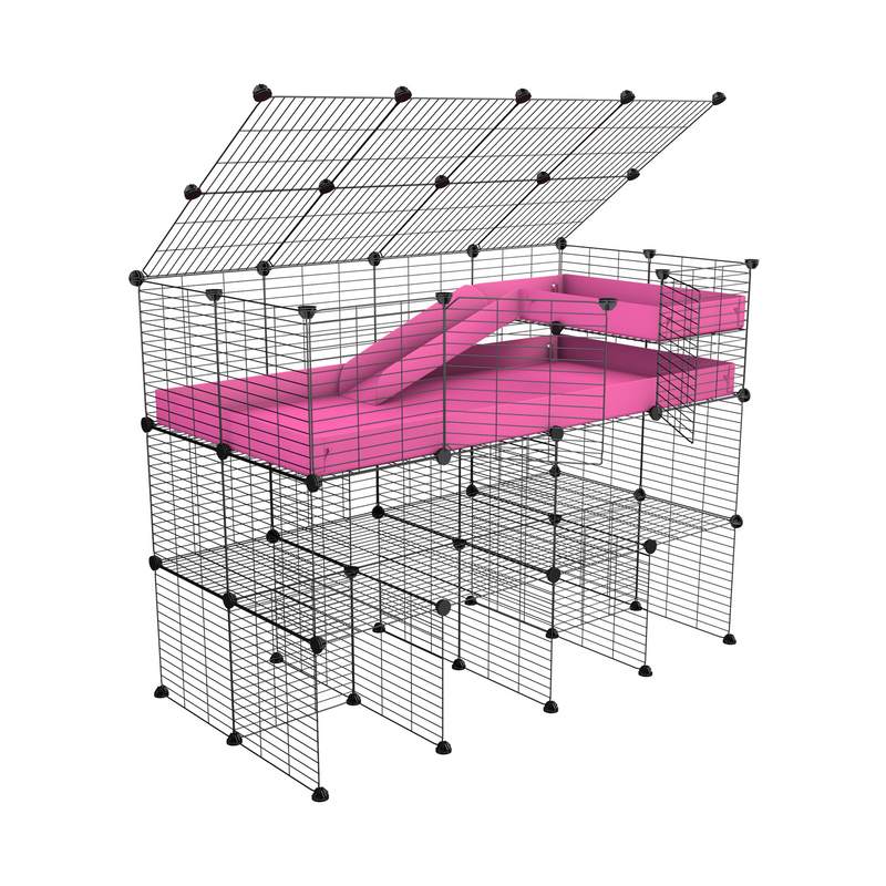 une cavy cage 4x2 pour cochons d'inde avec double rehausseur couvercle loft rampe coroplast rose et grilles fines de kavee