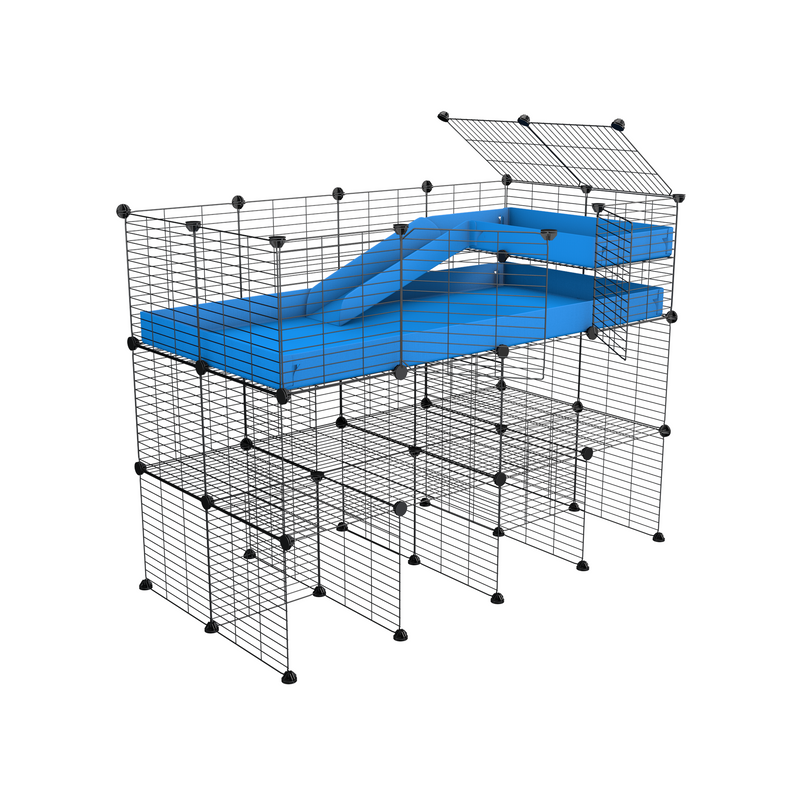 une kavee cage 2x4 pour cochons d'inde avec trois etages loft rampe coroplast bleu et grilles fines