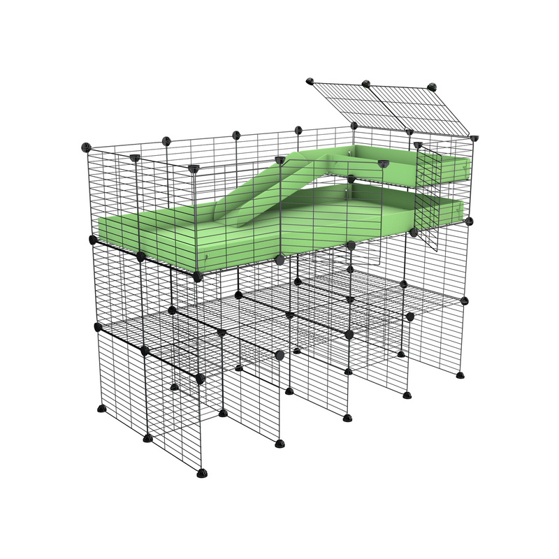 une kavee cage 2x4 pour cochons d'inde avec trois etages loft rampe coroplast vert pastel et grilles fines