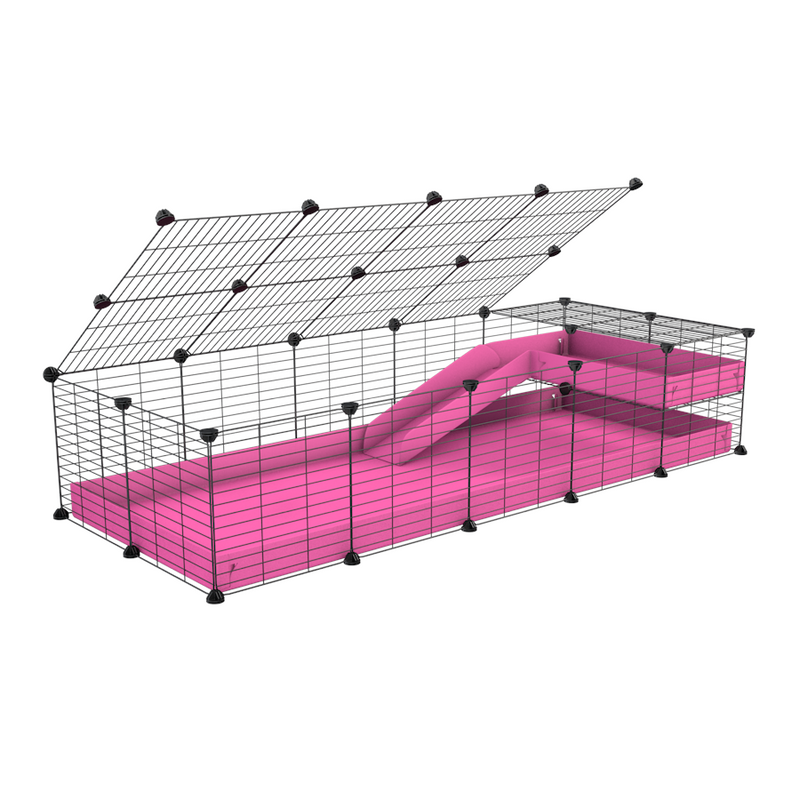 une cavy cage 5x2 pour cochons d'inde avec une rampe un loft un couvercle un coroplast rose et grilles ok pour bebes