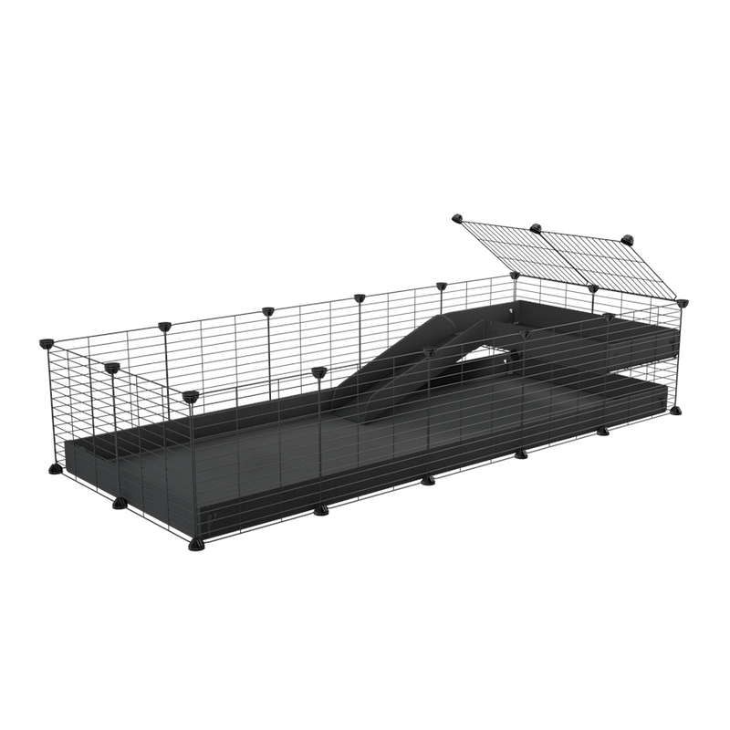 une kavee cage 5x2 pour cochons d'inde avec une rampe une mezzanine un coroplast noir et grilles fines sans danger