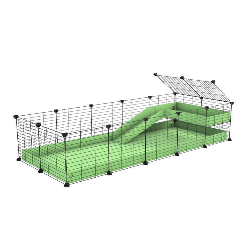 une cavy cage 5x2 pour cochons d'inde avec une rampe un loft un coroplast vert pistache et grilles fines sans danger de kavee