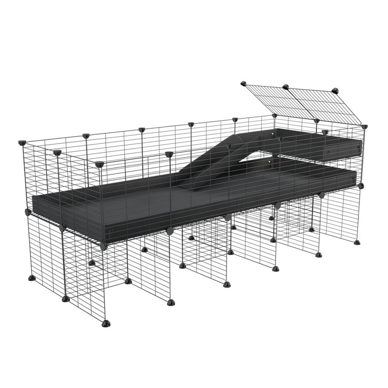 une kavee cage 5x2 pour cochons d'inde avec rehausseur loft rampe coroplast noir et grilles a petits trous