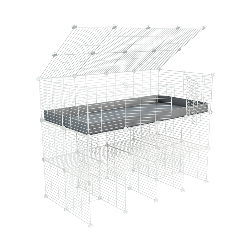 une kavee cage C&C 4x2 pour cobayes cochons d'inde avec double rehausseur correx gris et grilles blanches maillage fin