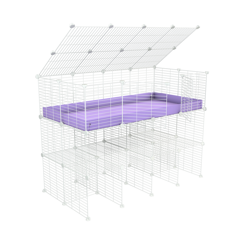 une kavee cage 4x2 pour cochons d'inde avec double rehausseur couvercle correx violet et grilles blanches maillage fin
