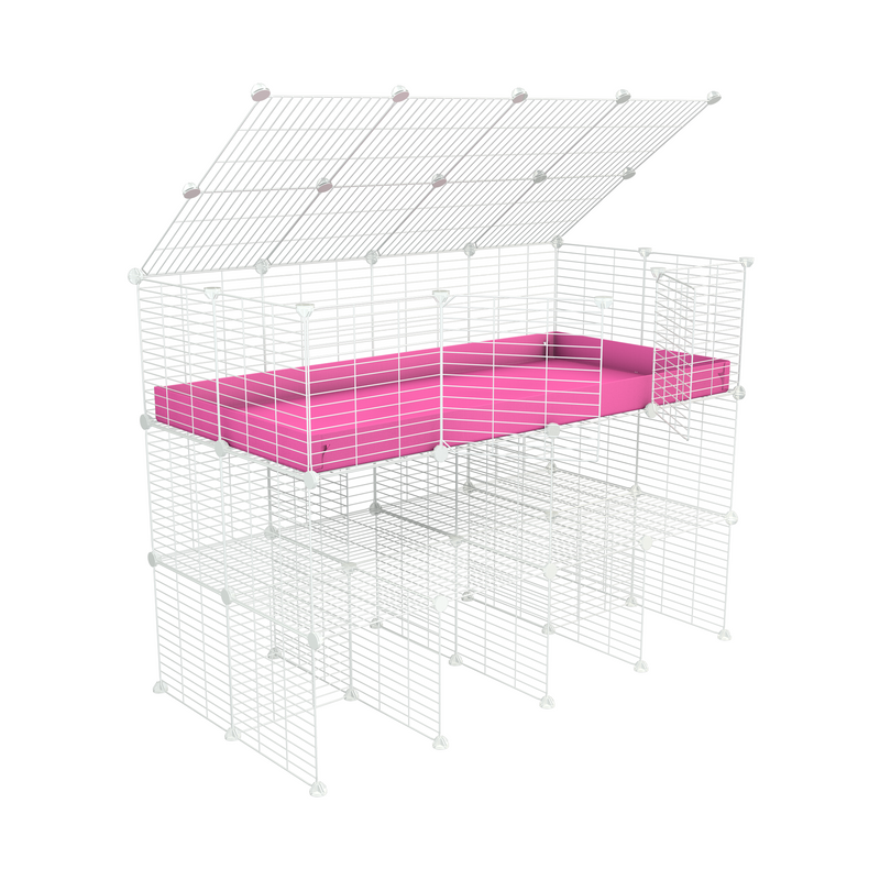 une kavee cage C&C 4x2 pour cobayes cochons d'inde avec double rehausseur correx rose et grilles blanches maillage fin