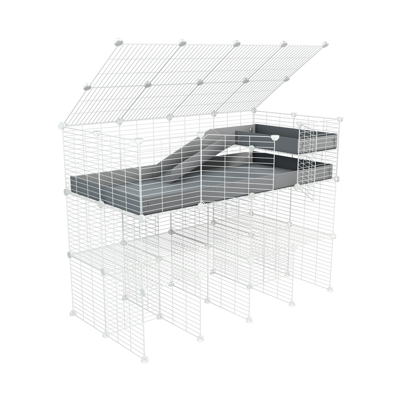 une kavee cage 4x2 pour cochons d'inde avec trois etages rampe couvercle coroplast violet et grilles blanches sans danger