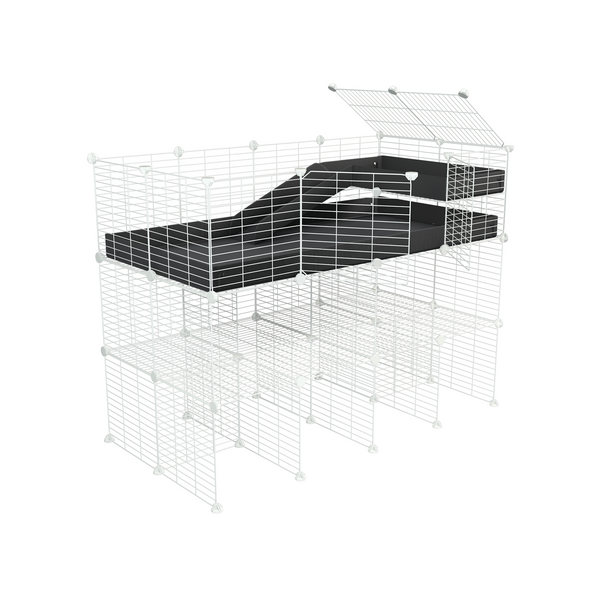 une cavy cage 4x2 pour cochons d'inde avec double rehausseur loft rampe coroplast noir et grilles blanches fines de kavee