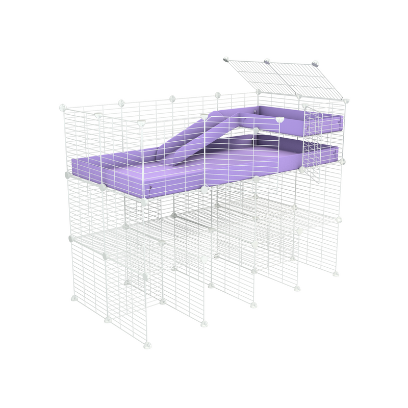 une cavy cage 4x2 pour cochons d'inde avec double rehausseur loft rampe coroplast violet lilas et grilles blanches fines de kavee