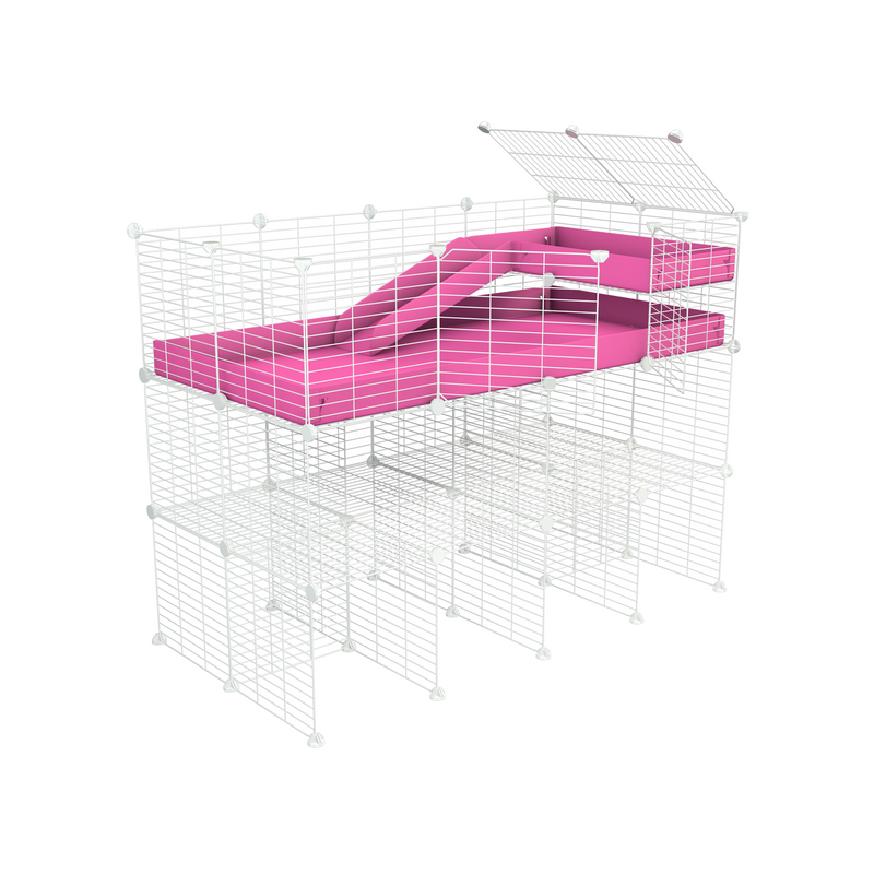 une cavy cage 4x2 pour cochons d'inde avec double rehausseur loft rampe coroplast rose et grilles blanches fines de kavee