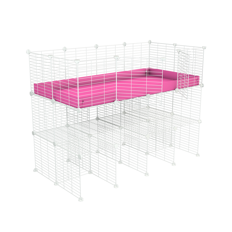 une cavy cage 4x2 pour cochons d'inde avec double rehausseur correx rose et grilles blanches a petits trous de kavee france