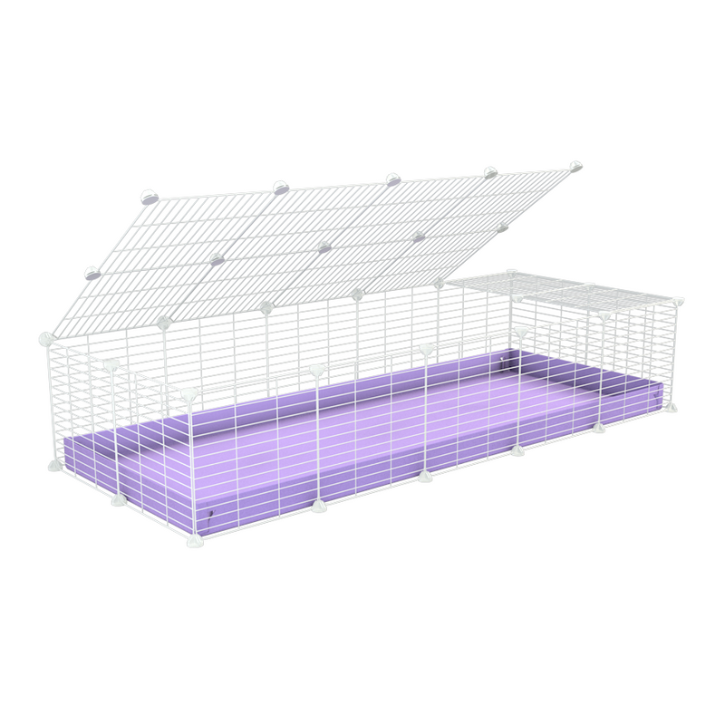 une kavee cage 5x2 pour cochons d'inde avec couvercle coroplast violet lilas et grilles blanches avec barreaux etroits