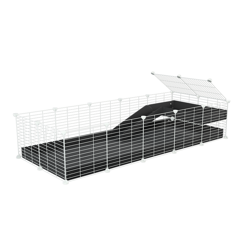 une kavee cage 5x2 pour cochons d'inde avec une rampe une mezzanine un coroplast noir et grilles blanches sans danger