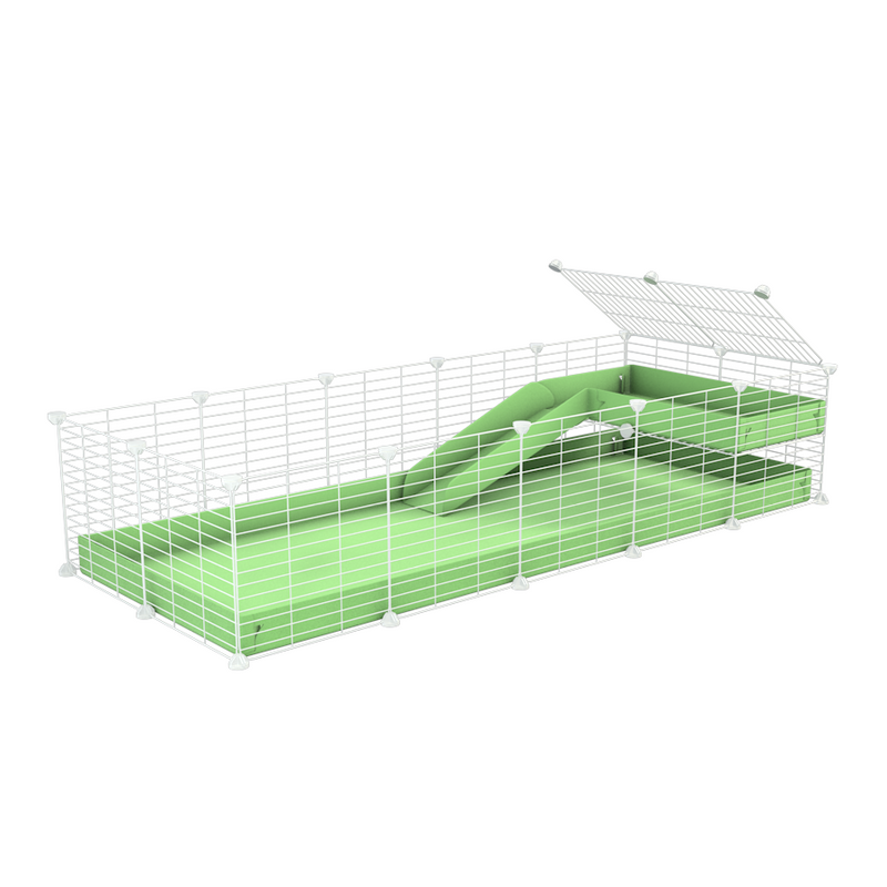 une kavee cage 5x2 pour cochons d'inde avec une rampe un loft un coroplast vert pistache et grilles blanches fines