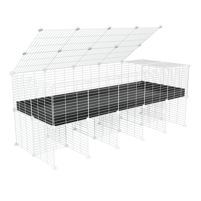une kavee cage 5x2 pour cochons d'inde avec rehausseur couvercle correx noir et grilles blanches fines